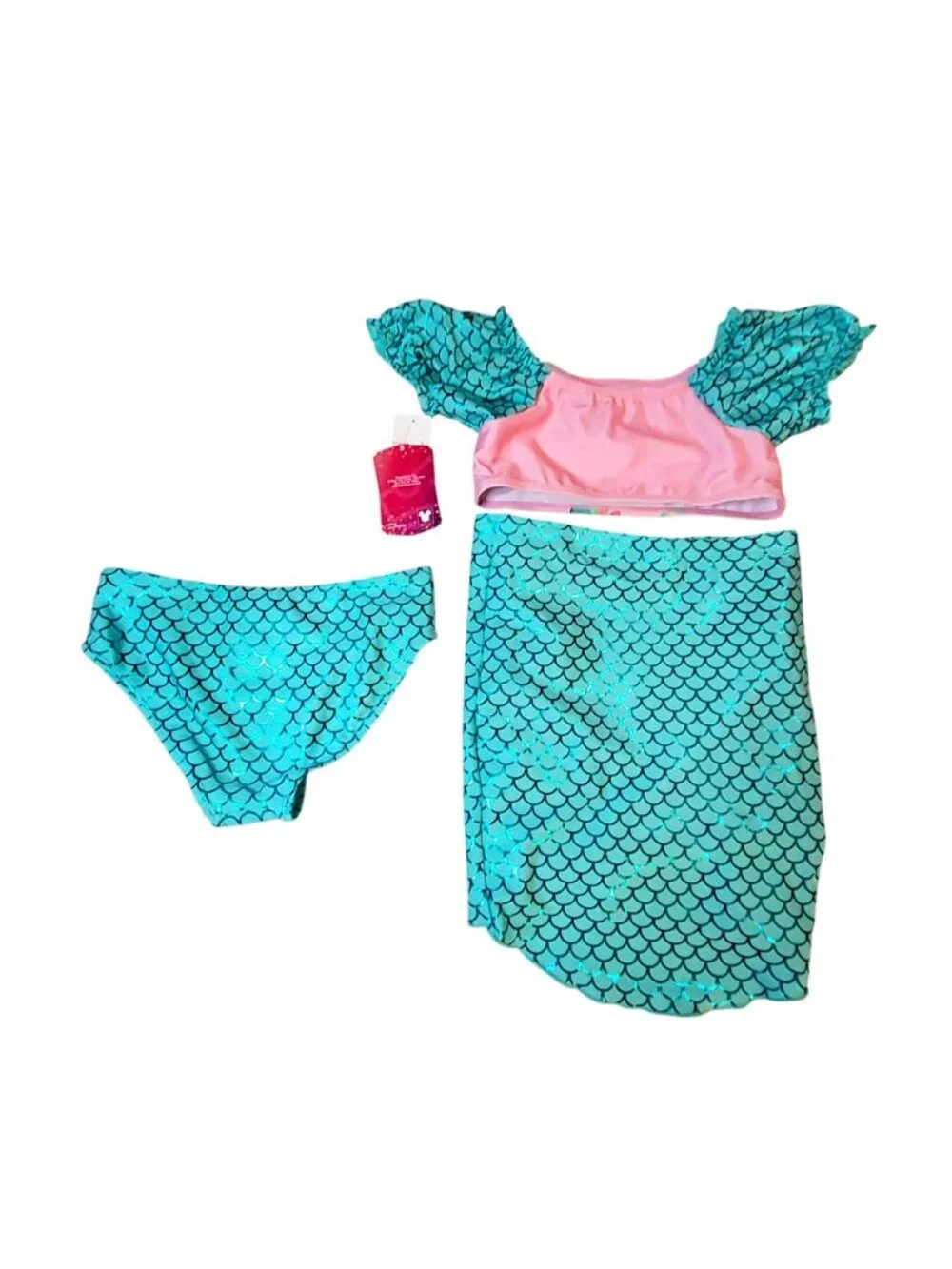 Disney Princess Girls 3-Piece Mermaid Swimsuit Set With Skirt Pink & Aqua Sz 7/8